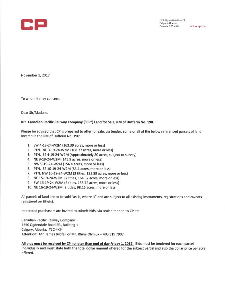 Canadian Pacific Railway CompanyLand for Sale RM of Dufferin 190